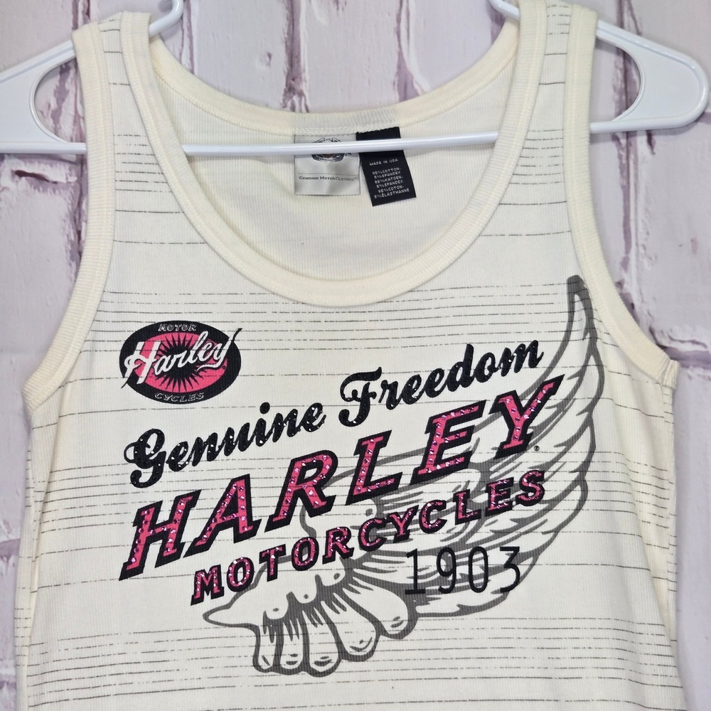 Harley Davidson Tank Top Ivory Pink Glitter Biker Graphic Striped Women Large